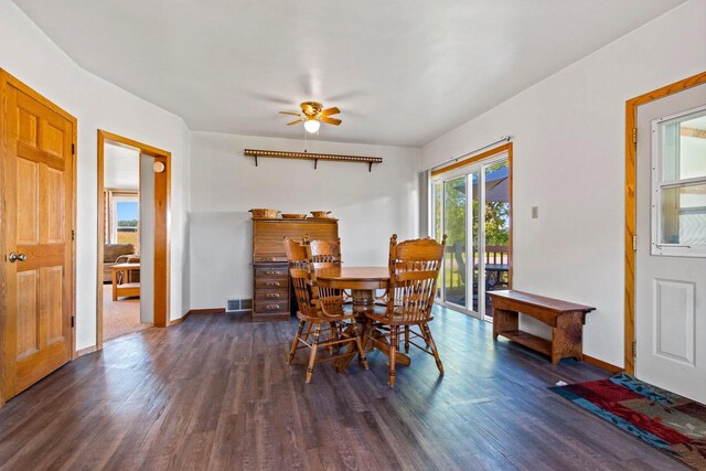 W444 Carlson Ln, Oconto Falls, WI 54154 - dining room with dark wood-type flooring, a ceiling fan, and baseboards