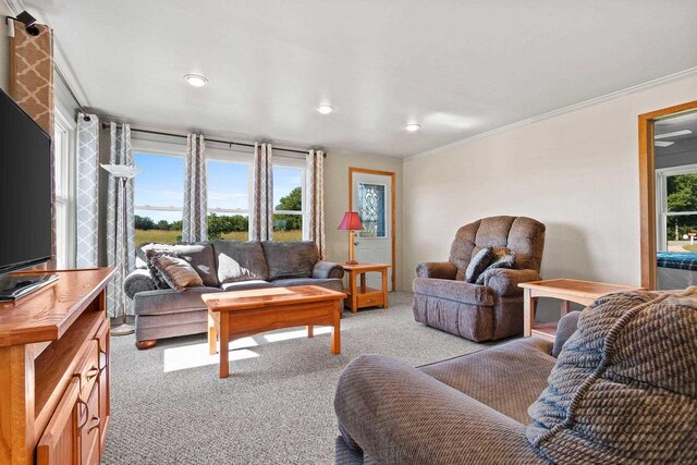 W444 Carlson Ln, Oconto Falls, WI 54154 - living area with light carpet, crown molding, and recessed lighting