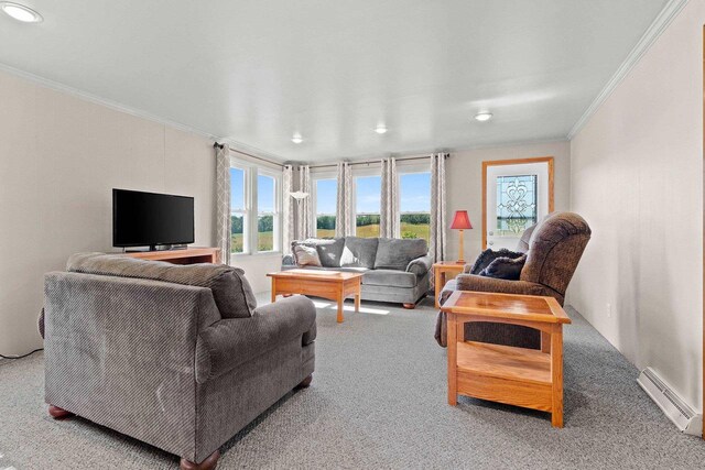 W444 Carlson Ln, Oconto Falls, WI 54154 - living room featuring carpet, crown molding, baseboard heating, and recessed lighting