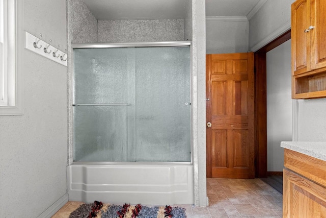 W444 Carlson Ln, Oconto Falls, WI 54154 - full bath with enclosed tub / shower combo, vanity, baseboards, and crown molding