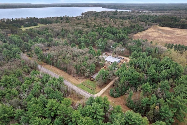 bird's eye view with a water view and a view of trees