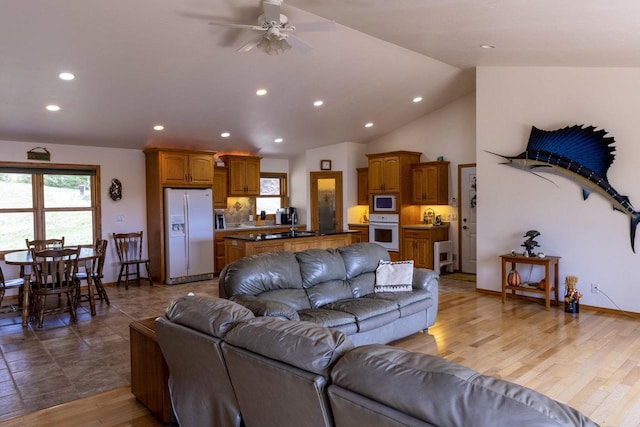 6258 Ninebark Rd, Abrams, WI 54153 - living room with recessed lighting, ceiling fan, wood finished floors, and vaulted ceiling