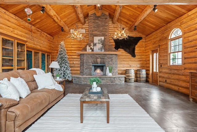 W2470 County Road B, Montello, WI 53949 - living room featuring a chandelier, wooden ceiling with exposed beams, log walls, a fireplace, and high vaulted ceiling