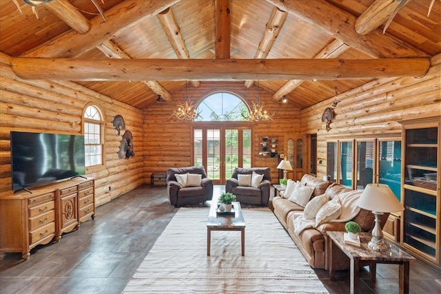 W2470 County Road B, Montello, WI 53949 - living area featuring wooden ceiling with exposed beams, log walls, a chandelier, plenty of natural light, and high vaulted ceiling