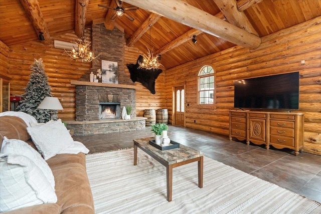W2470 County Road B, Montello, WI 53949 - living room with wood ceiling with exposed beams, a chandelier, log walls, ceiling fan, and a stone fireplace