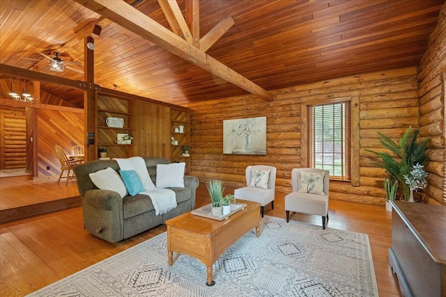 W2470 County Road B, Montello, WI 53949 - living room featuring wood ceiling with exposed beams, hardwood / wood-style flooring, and a ceiling fan