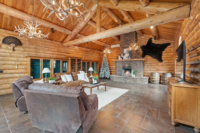 W2470 County Road B, Montello, WI 53949 - living room featuring a chandelier, wooden ceiling with exposed beams, log walls, a stone fireplace, and high vaulted ceiling