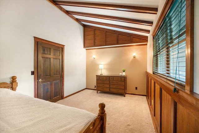 W2470 County Road B, Montello, WI 53949 - bedroom with light colored carpet, beam ceiling, high vaulted ceiling, and baseboards