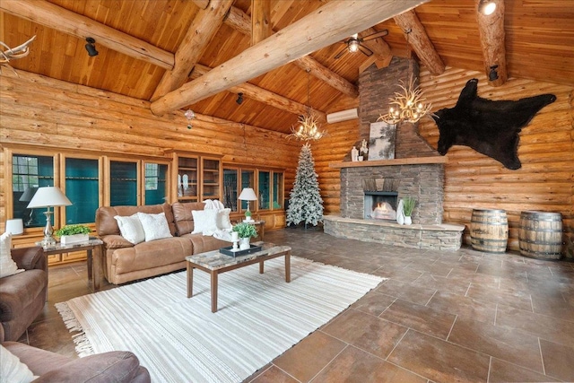 W2470 County Road B, Montello, WI 53949 - living area with wooden ceiling with exposed beams, log walls, a chandelier, a fireplace, and high vaulted ceiling