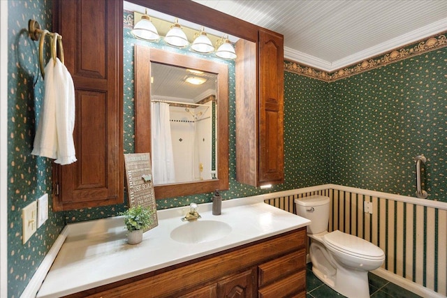 W2470 County Road B, Montello, WI 53949 - bathroom featuring wallpapered walls, toilet, vanity, tile patterned flooring, and baseboards