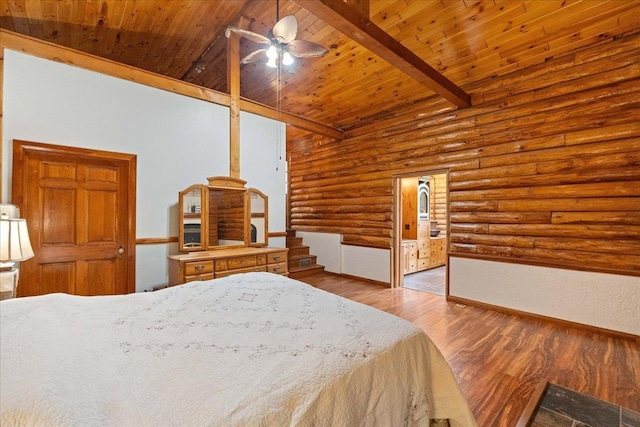 W2470 County Road B, Montello, WI 53949 - bedroom featuring log walls, wooden ceiling, and wood finished floors