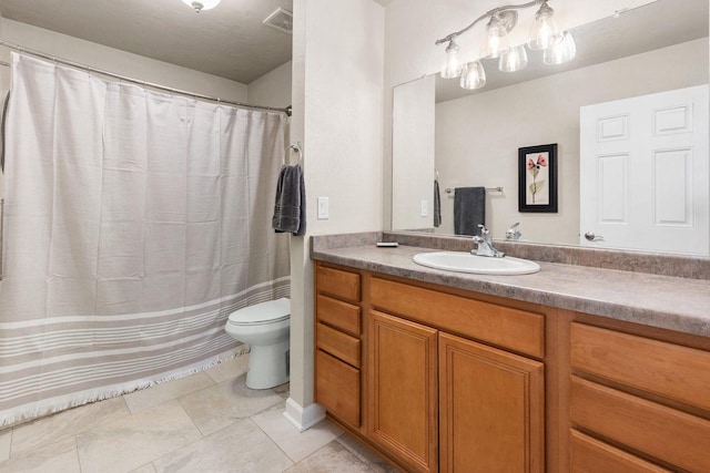 bathroom featuring toilet, a shower with curtain, visible vents, tile patterned flooring, and vanity
