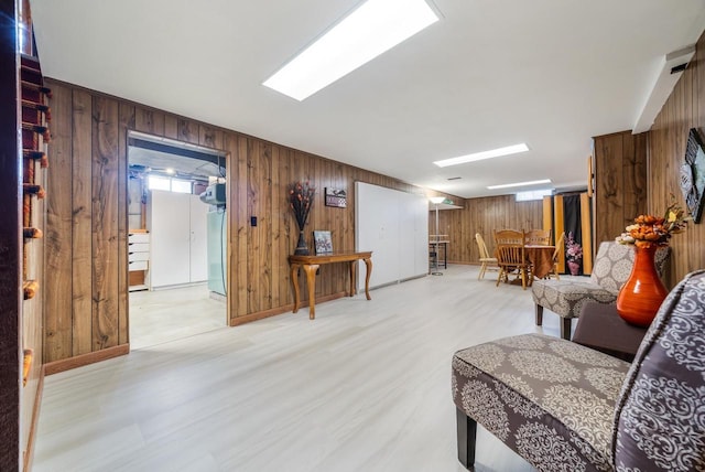 living room featuring wooden walls