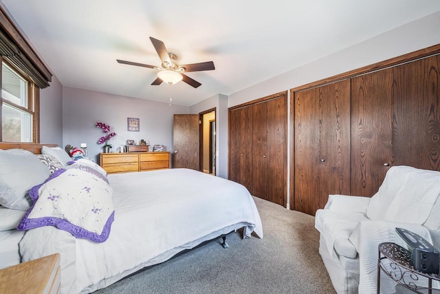 bedroom with a ceiling fan, carpet flooring, and multiple closets