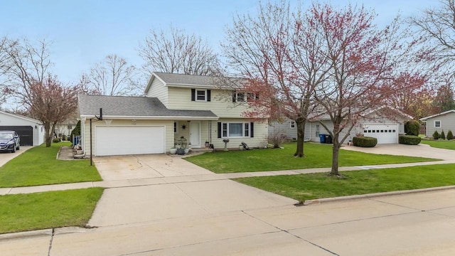 traditional-style home with concrete driveway, central AC, and a front lawn