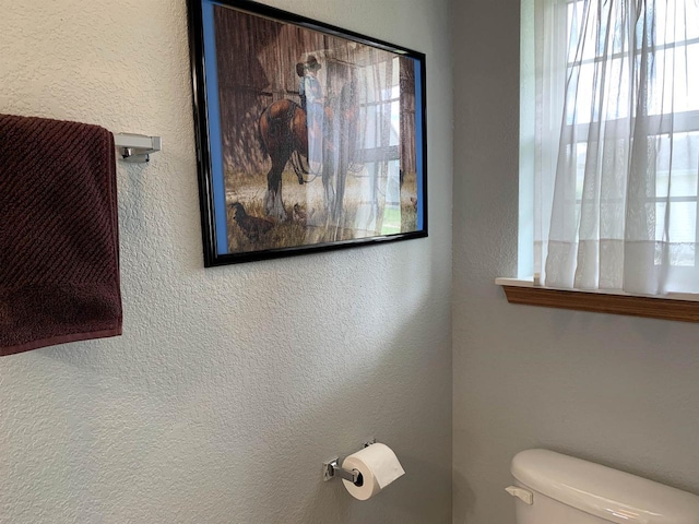 interior space with toilet and a textured wall