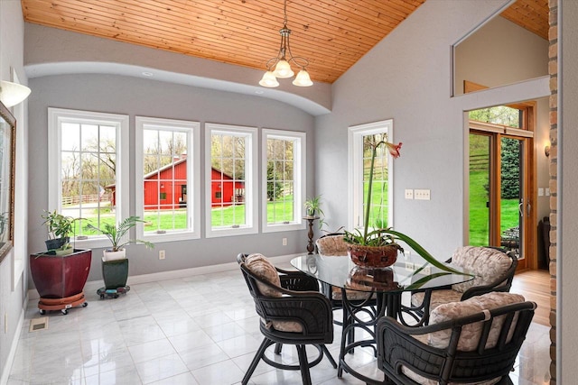 dining area featuring plenty of natural light, wood ceiling, vaulted ceiling, and baseboards