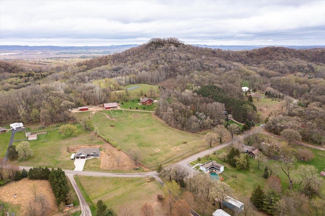 bird's eye view featuring a wooded view, a rural view, and a mountain view