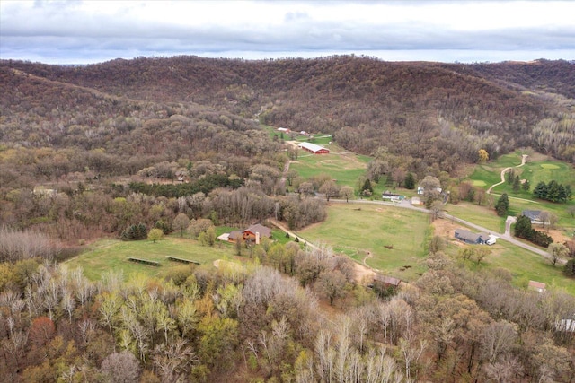 bird's eye view featuring a forest view and a mountain view