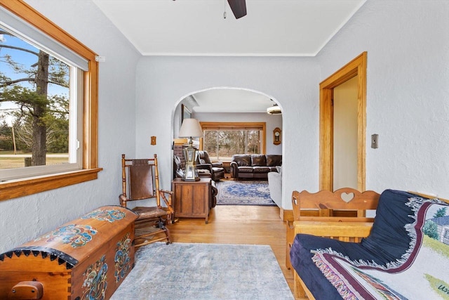 6309 12th St, Kenosha, WI 53144 - sitting room with ceiling fan, wood finished floors, arched walkways, and a textured wall