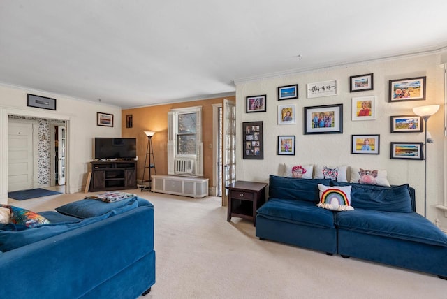 carpeted living room featuring crown molding