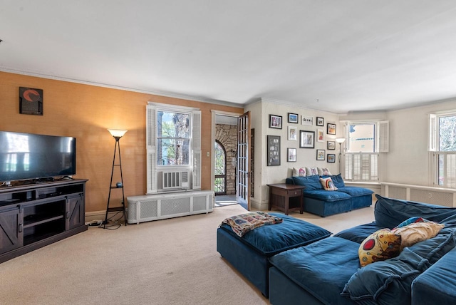 carpeted living area with baseboards, radiator, cooling unit, and crown molding