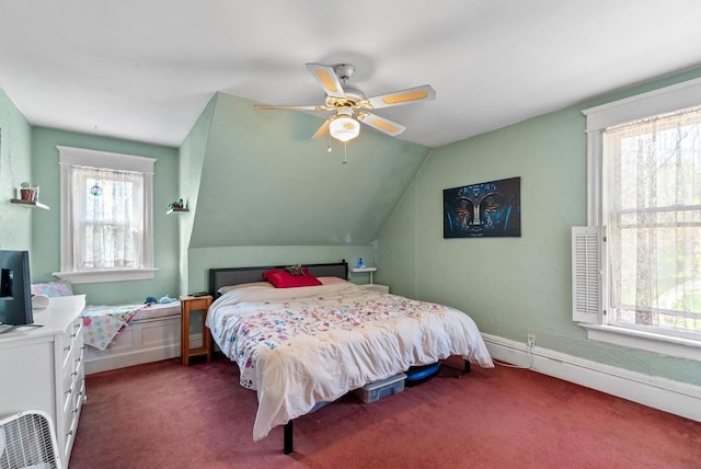 bedroom featuring lofted ceiling, carpet flooring, ceiling fan, and baseboards