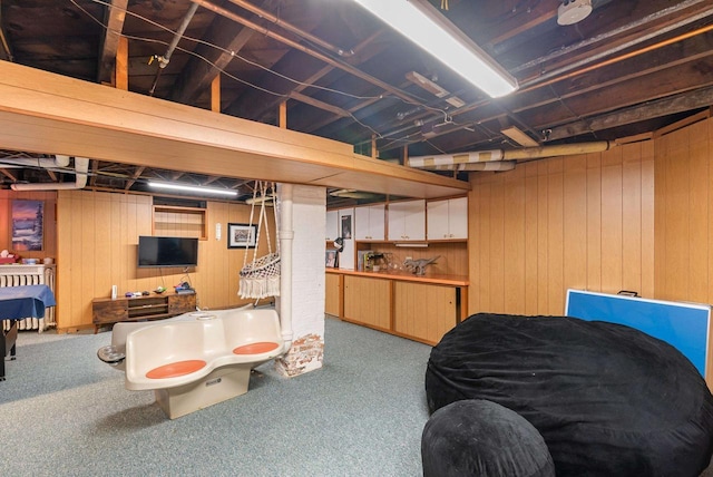 finished below grade area with carpet flooring and wood walls