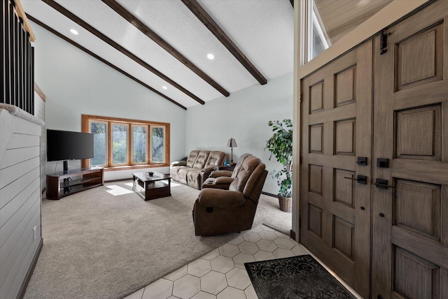 1111 Wauwatosa Rd, Cedarburg, WI 53012 - living area featuring recessed lighting, light tile patterned floors, high vaulted ceiling, beam ceiling, and light colored carpet