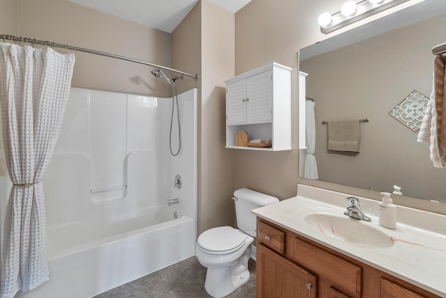 full bath with toilet, shower / tub combo with curtain, vanity, and tile patterned flooring