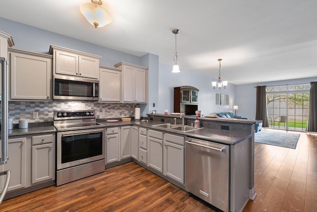 kitchen with a peninsula, a sink, dark countertops, stainless steel appliances, and open floor plan