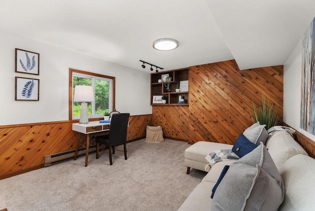 1511 Middleton St, Middleton, WI 53562 - carpeted office space with wooden walls, a baseboard radiator, rail lighting, and wainscoting