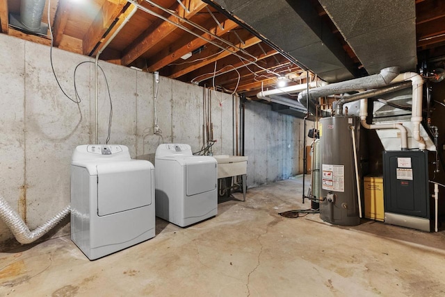 1511 Middleton St, Middleton, WI 53562 - unfinished basement featuring gas water heater, washing machine and dryer, and heating unit