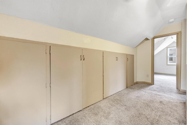 additional living space featuring light carpet and vaulted ceiling