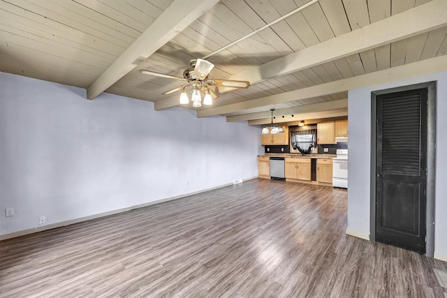 unfurnished living room featuring ceiling fan, wooden ceiling, dark wood finished floors, and beamed ceiling
