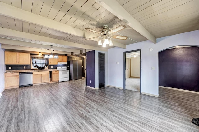 kitchen featuring beam ceiling, dishwasher, open floor plan, white electric range, and light brown cabinets