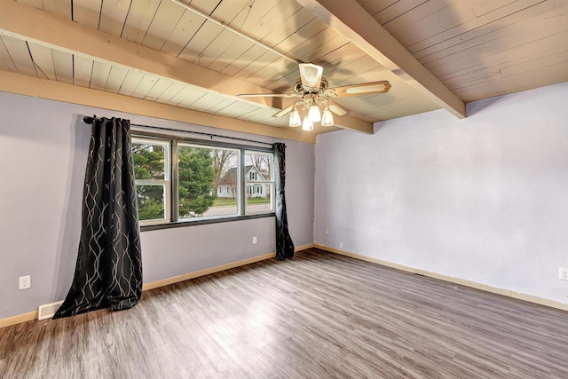 spare room with wooden ceiling, baseboards, ceiling fan, wood finished floors, and beamed ceiling