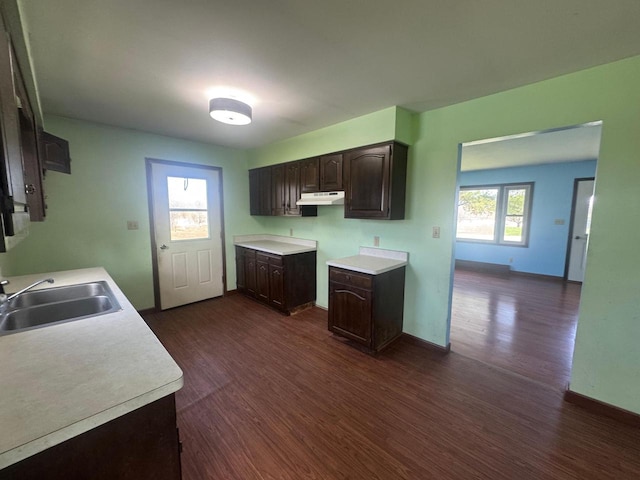 111 Grahl Ave, Eden, WI 53019 - kitchen featuring light countertops, a sink, dark brown cabinetry, and dark wood-type flooring