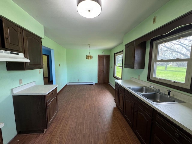 111 Grahl Ave, Eden, WI 53019 - kitchen with under cabinet range hood, dark brown cabinets, dark wood finished floors, a sink, and light countertops