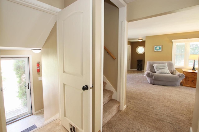 364 E 9th St, Fond Du Lac, WI 54935 - interior space with light colored carpet, stairs, baseboards, and visible vents