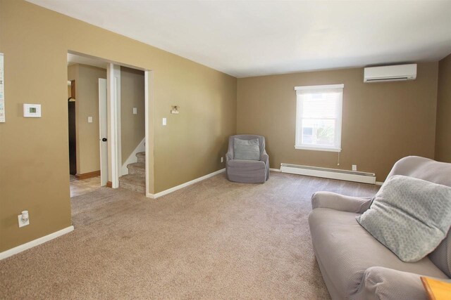364 E 9th St, Fond Du Lac, WI 54935 - living room featuring stairs, carpet, a wall unit AC, baseboard heating, and baseboards