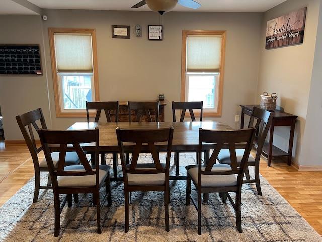 1075 Grant St, Fennimore, WI 53809 - dining space featuring light wood-style floors, ceiling fan, and baseboards