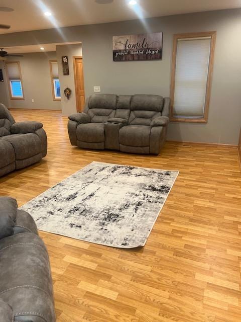1075 Grant St, Fennimore, WI 53809 - living area featuring wood finished floors, a ceiling fan, baseboards, and recessed lighting