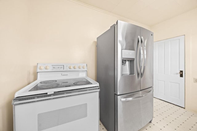 103 E Rollin St, Edgerton, WI 53534 - kitchen with electric range, stainless steel refrigerator with ice dispenser, and light flooring