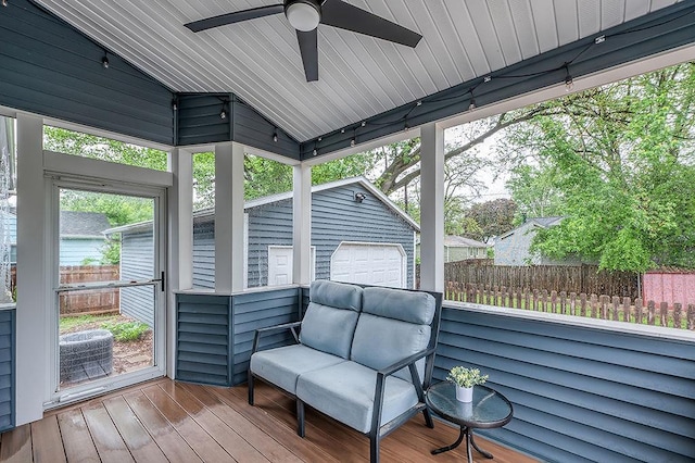 201 N Hillside Ter, Madison, WI 53705 - sunroom / solarium featuring vaulted ceiling and a ceiling fan