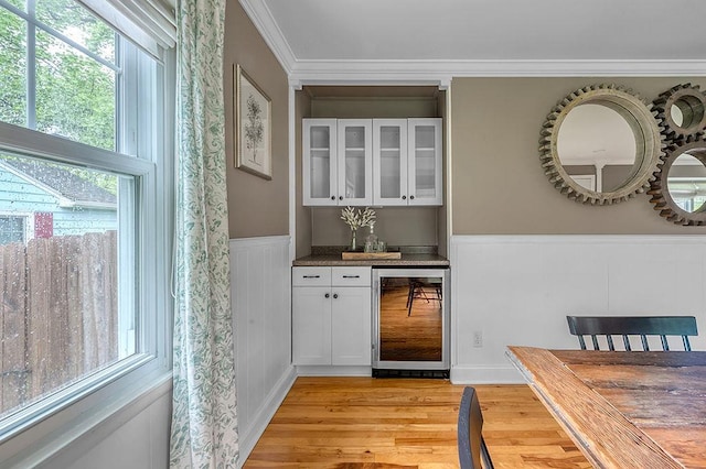 201 N Hillside Ter, Madison, WI 53705 - indoor dry bar with wine cooler, light wood finished floors, wainscoting, and ornamental molding
