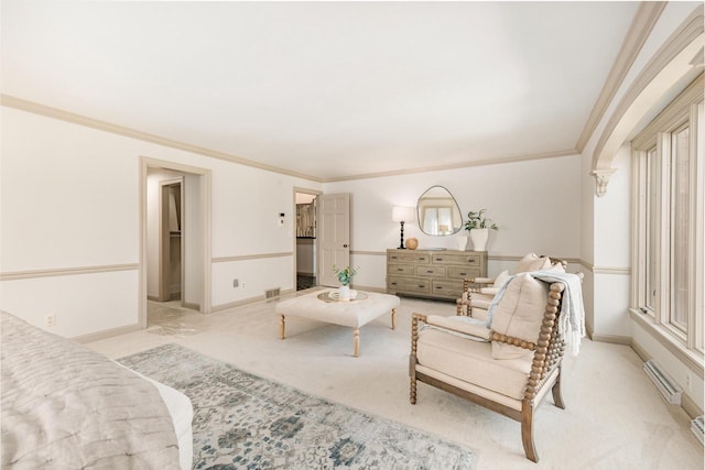 living room with light carpet, crown molding, baseboard heating, and baseboards