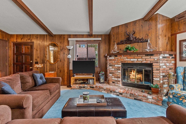 1074 E Queens Way, Nekoosa, WI 54457 - carpeted living room featuring beam ceiling and wood walls