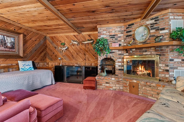 1074 E Queens Way, Nekoosa, WI 54457 - carpeted bedroom featuring a fireplace, wooden walls, wood ceiling, and beam ceiling