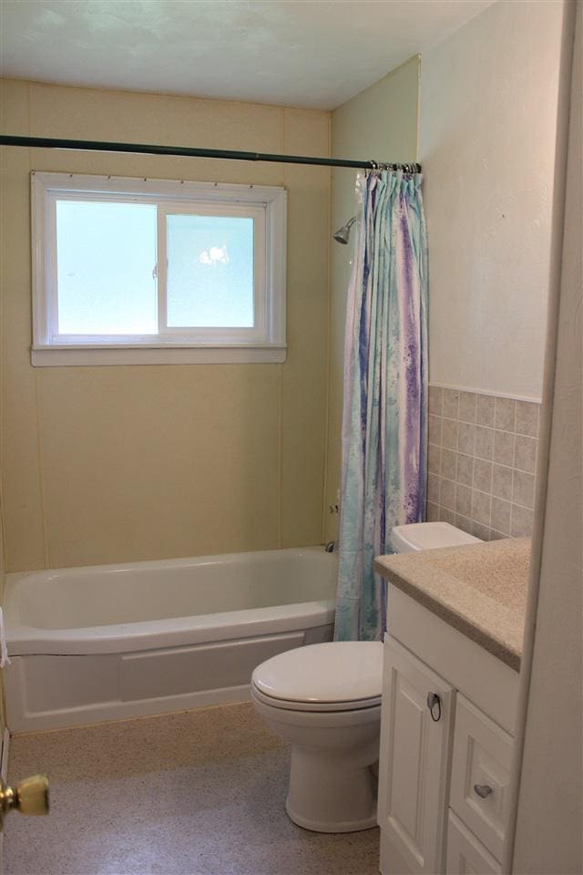 bathroom with vanity, toilet, plenty of natural light, and shower / bath combo